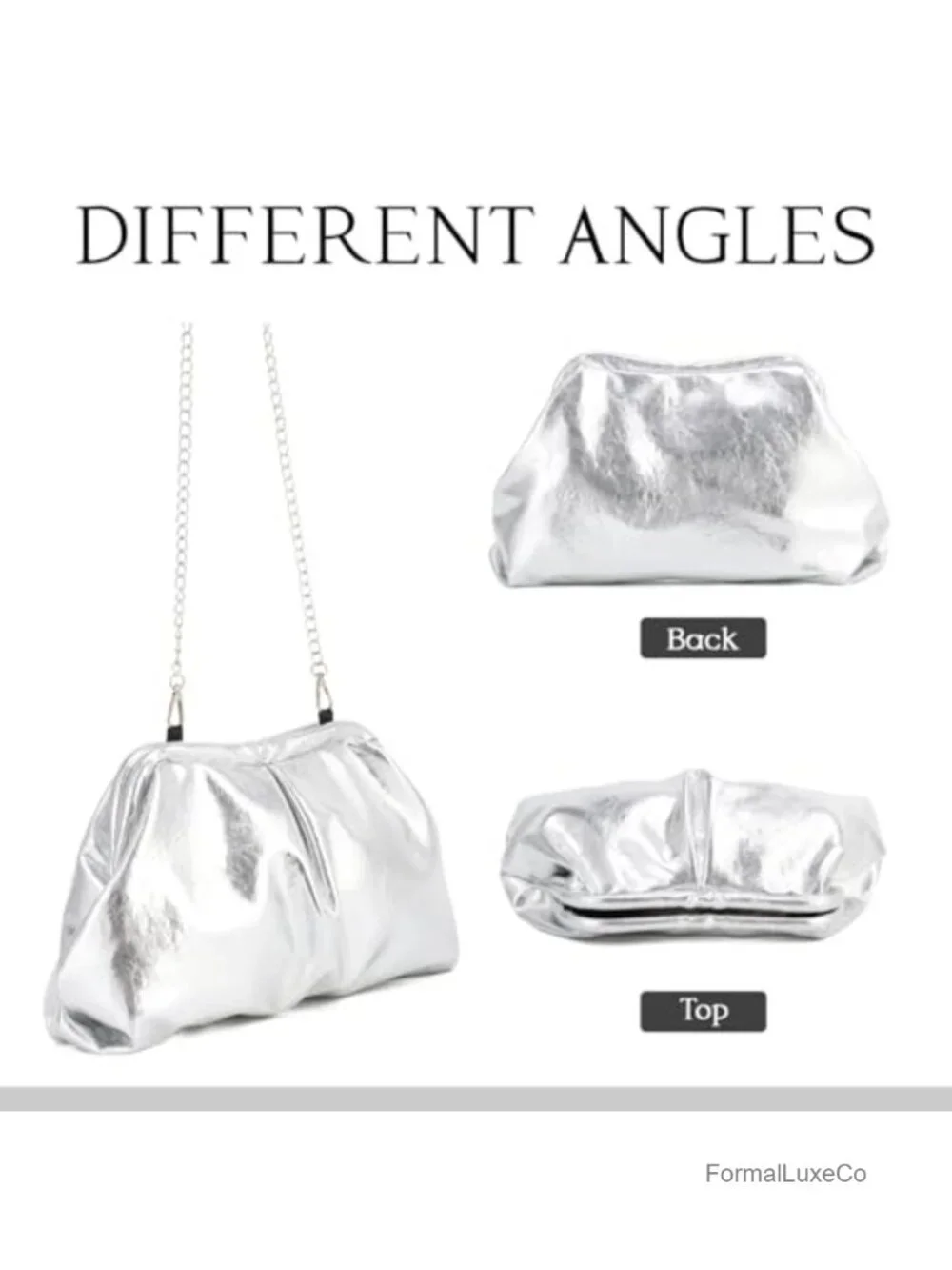 Faux Leather Ruched Dumpling Clutch for Women Silver Evening Handbag